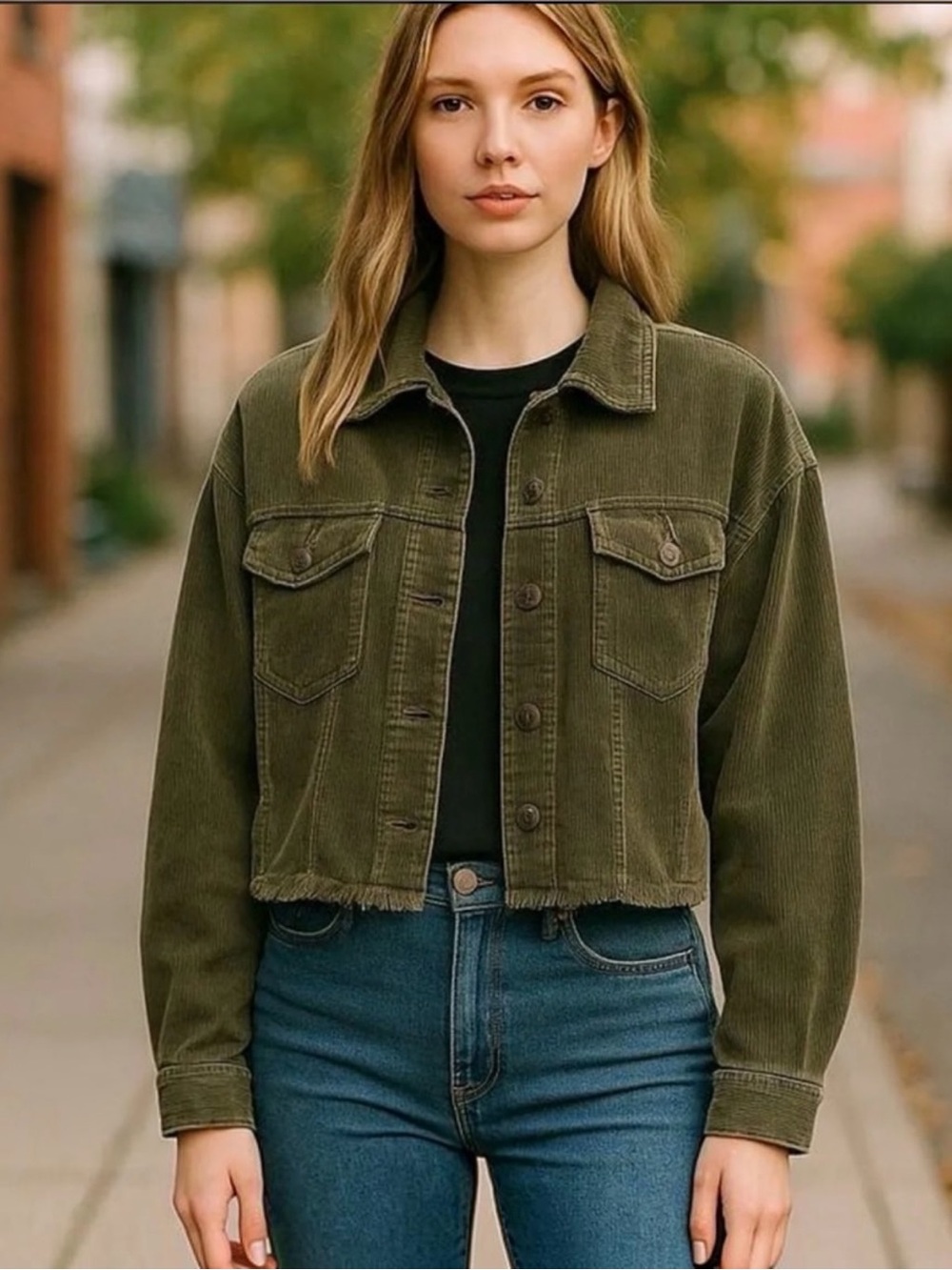 AEO Olive Green Corduroy Cropped Raw Hem Trucker Jacket Oversized Festival XS